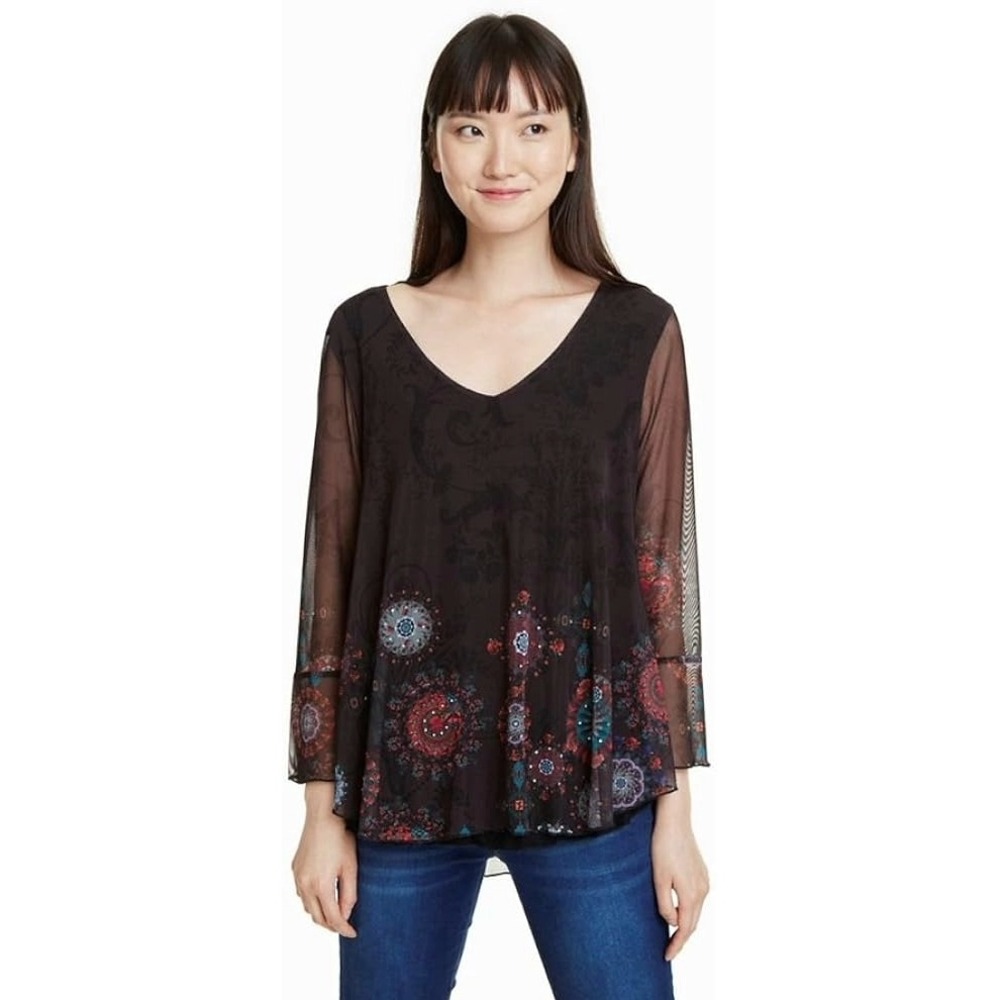 Desigual women S mesh floral top long sleeve pullover dark romantic whimsigoth
